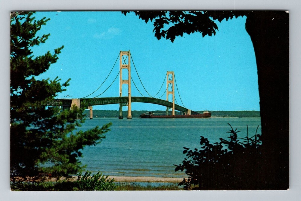 Mackinaw City MI-Michigan, Mackinac Bridge, Straits of Mackinac Vintage Postcard