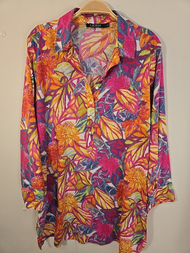 Lauren Ralph Lauren Size L Multicolor Floral Print Blouse 3/4 Sleeve Side Slit