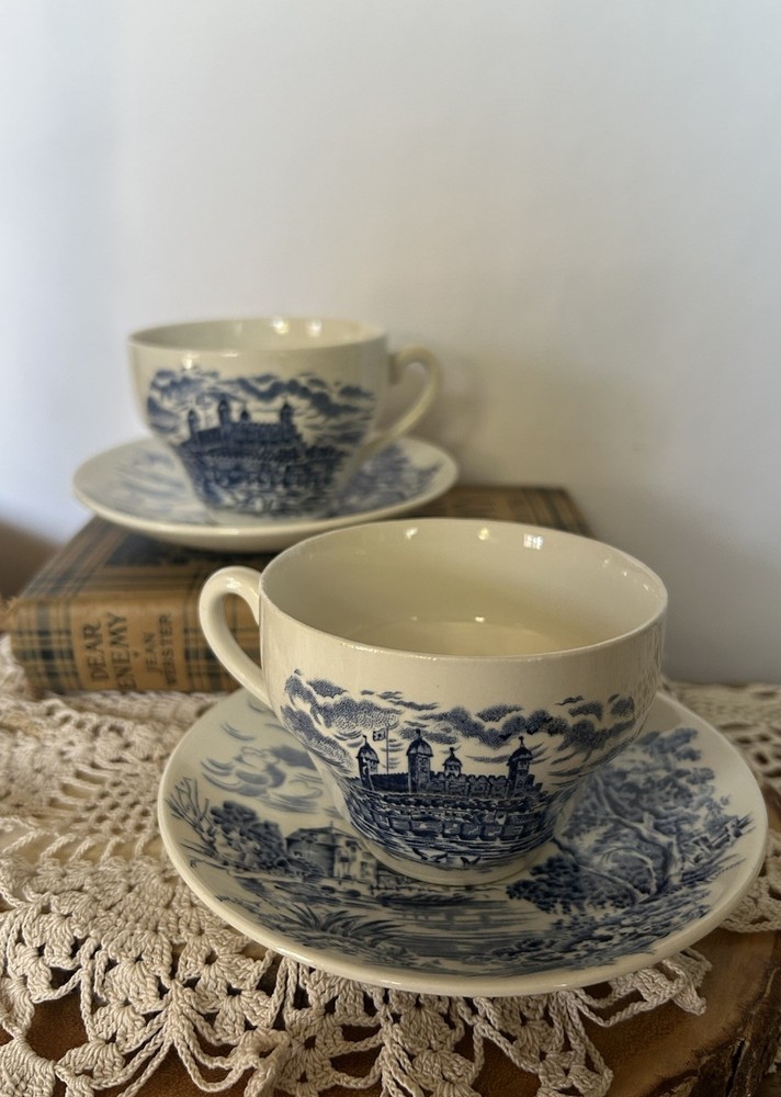 Wedgwood Countryside Blue Cups & Saucers Set of 2 England Ironstone Vintage