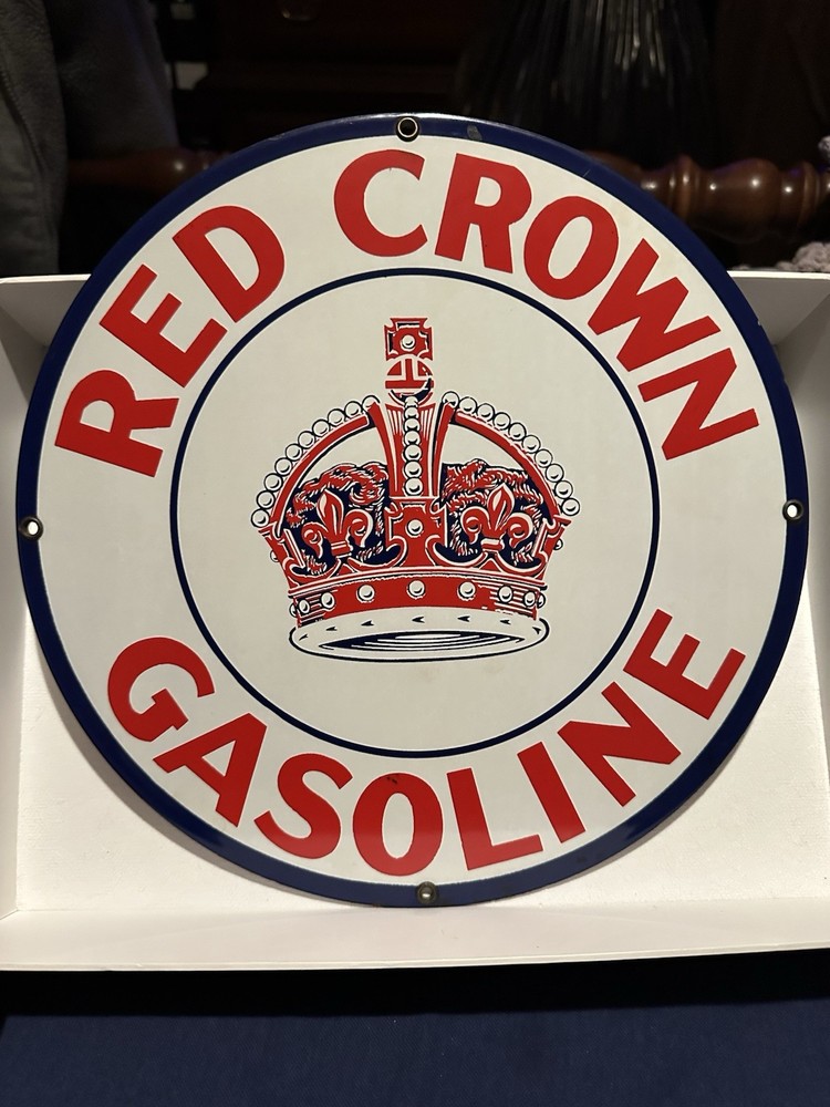 Vintage Red Crown Gasoline Sign - Porcelain Service Station Gas Pump Sign NM