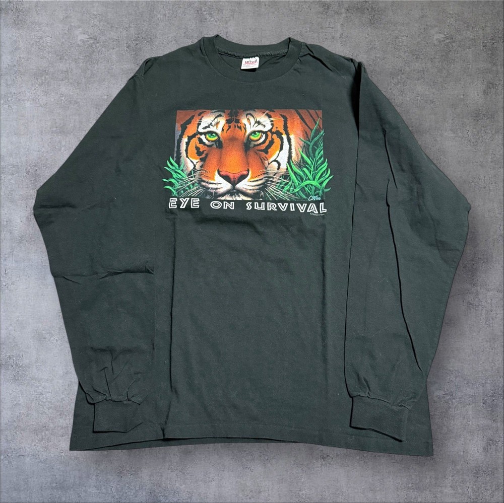 Vintage 90s Human-i-Tees Eye on Survival Tiger Graphic T-Shirt Men’s XL USA