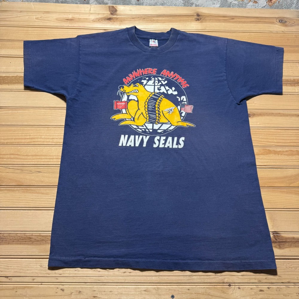 Vintage 90s Navy Seals Anywhere Anytime American Flag Cartoon T-Shirt USA - XL