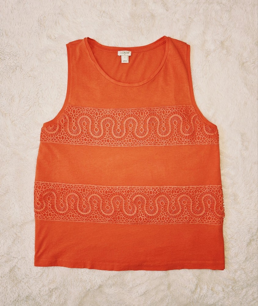 J.CREW Women's Orange Tank Top Crochet Lace Stripes Sleeveless Size L