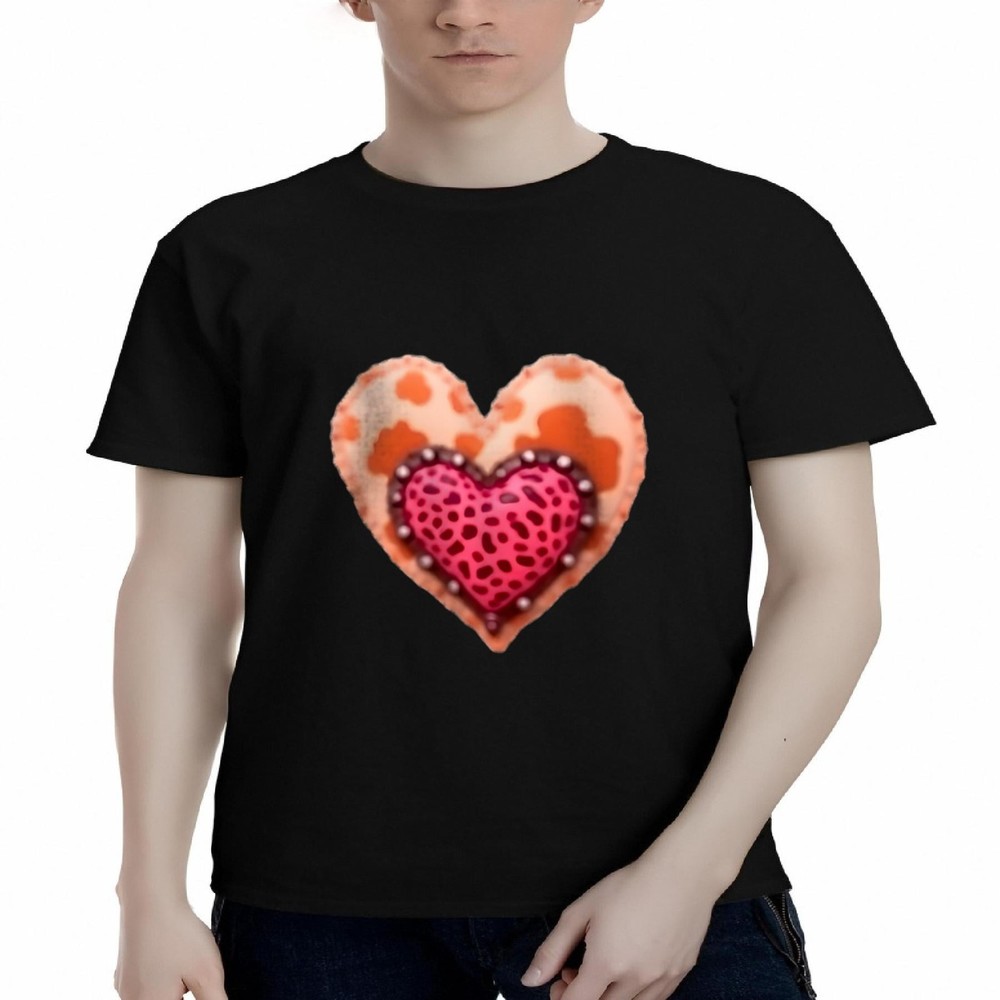 Men's Cotton Short Sleeve T-Shirt with Unique Heart Design - Light Brown Spotted