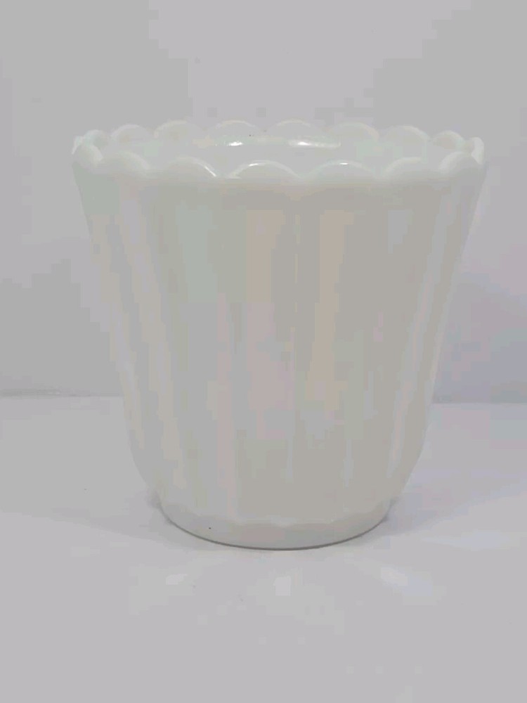 Vintage Mid-Century Milk Glass Flower Pot or Vase with Scalloped Rim 5 Inches