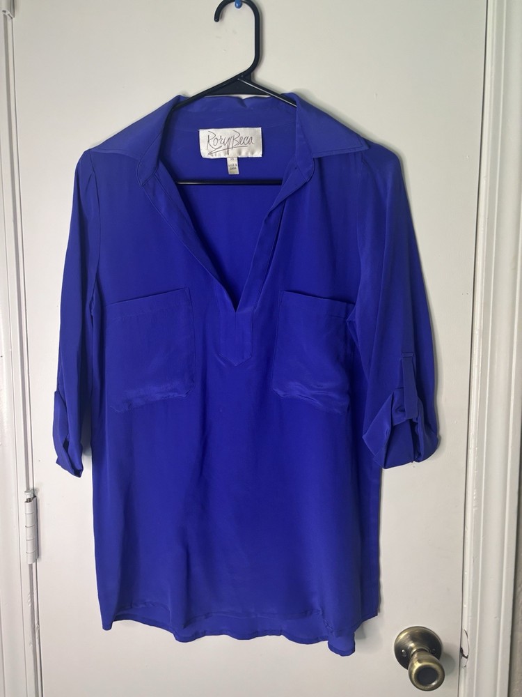 Rory Beca Laura Purple Silk Blouse with Slouch Pocket V-Neck Half Sleeve Womens XS