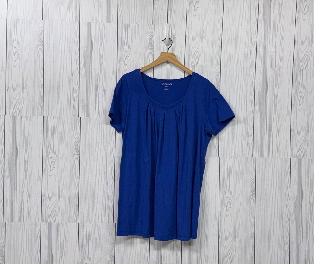 Roamans top womens size large short sleeve solid blue pullover basic cotton
