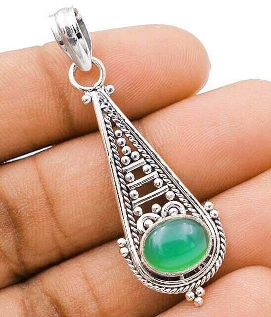 Natural Green Onyx Brazil 925 Sterling Silver Pendant 4-9g