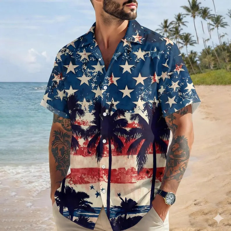 Patriotic Eagle America Hawaii Shirt Mens Aloha Beach Button