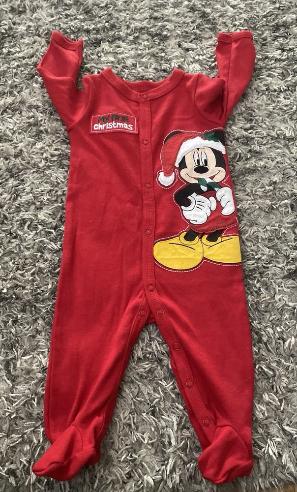 Disney Mickey Mouse Christmas Baby One-Piece Red 6M 100% Cotton Long Sleeve
