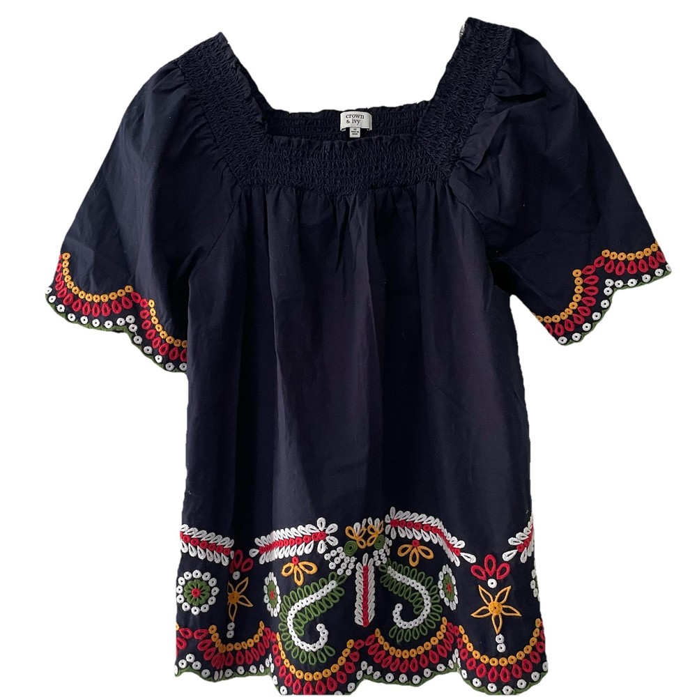 Crown & Ivy Women Size Medium Smocked Embroider Festive Bohemian Shirt Blue Top