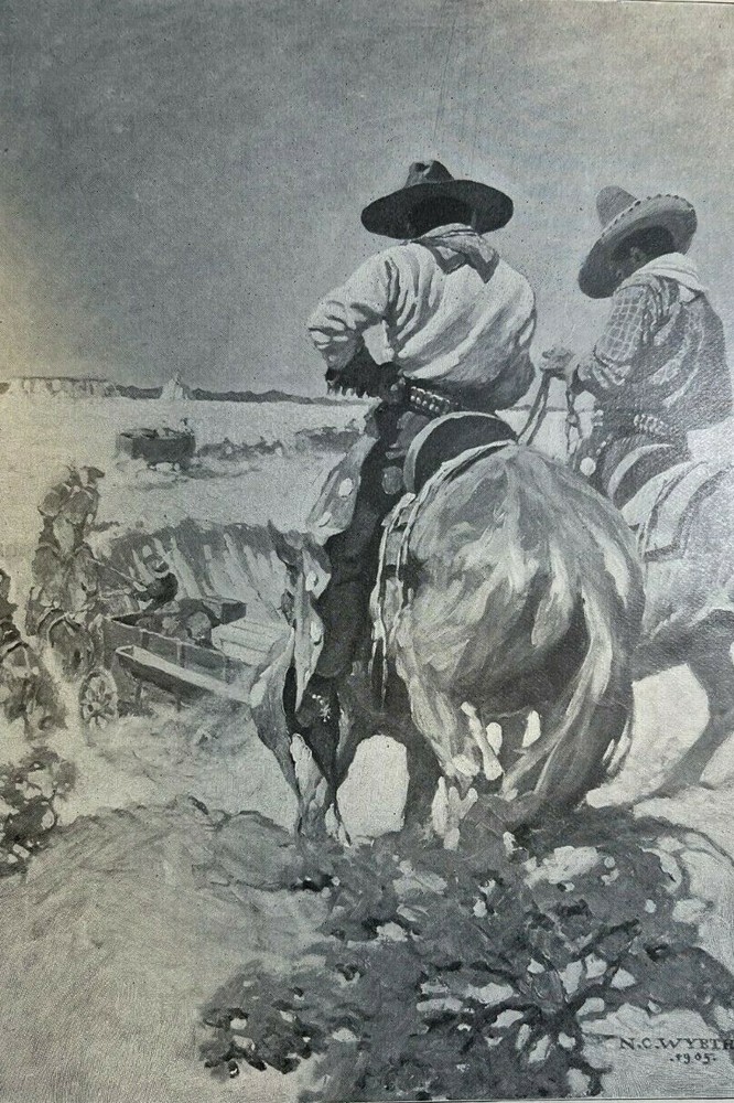 1906 Vintage Magazine Illustration Western Cowboys On Horseback N C Wyeth