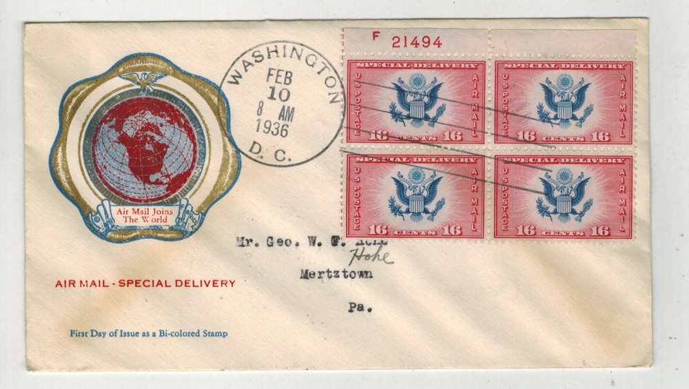 1936 CE2 Airmail Special Delivery FDC Plate Block by Rice First Day Issue  