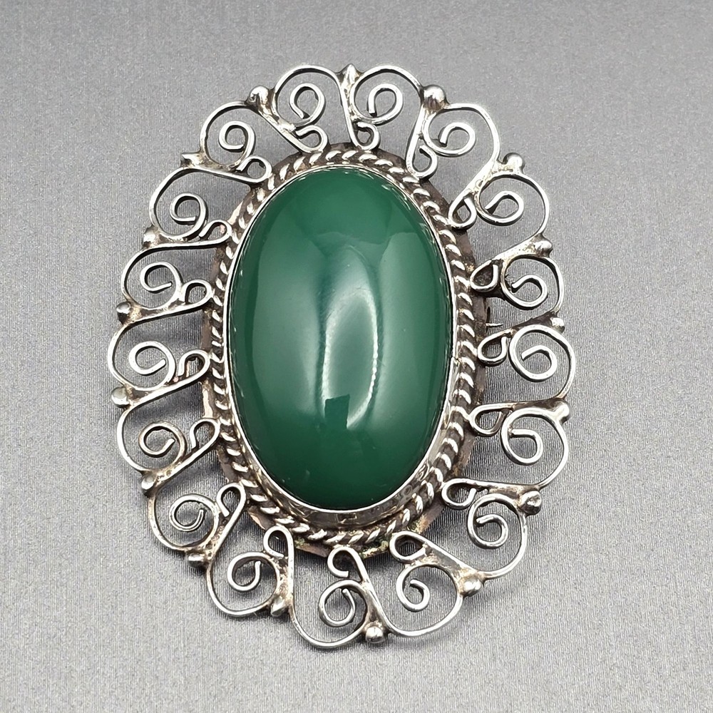 VTG EME 83 Sterling Silver 925 Green Onyx Filigree Brooch Pendant 2