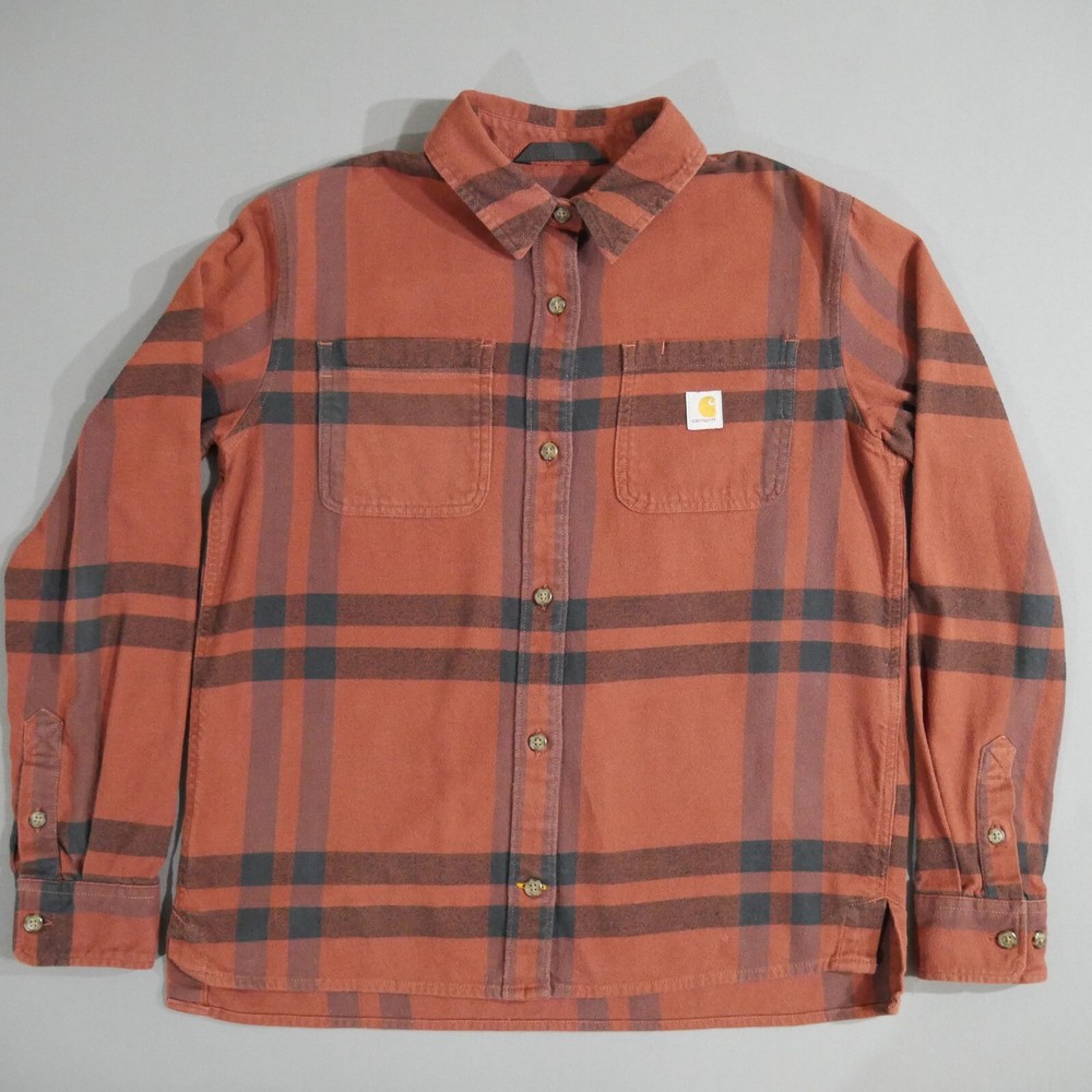Carhartt Women's Large Rugged Flex Loose Fit XS Red Black Plaid Flannel Shirt