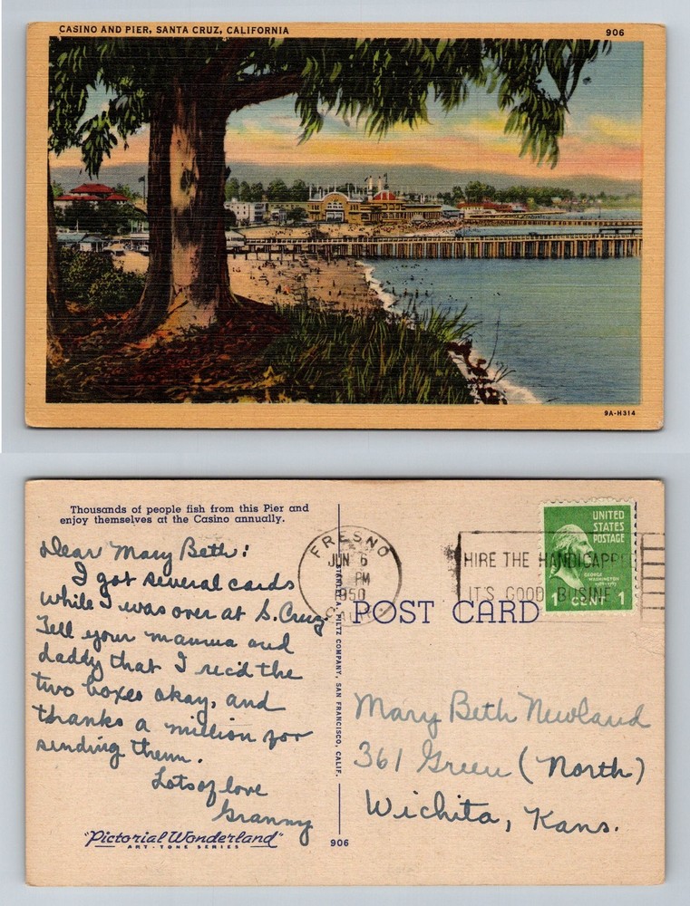 Santa Cruz, CA-California, Casino Pier Beachfront Crowds Vintage c1950 Postcard