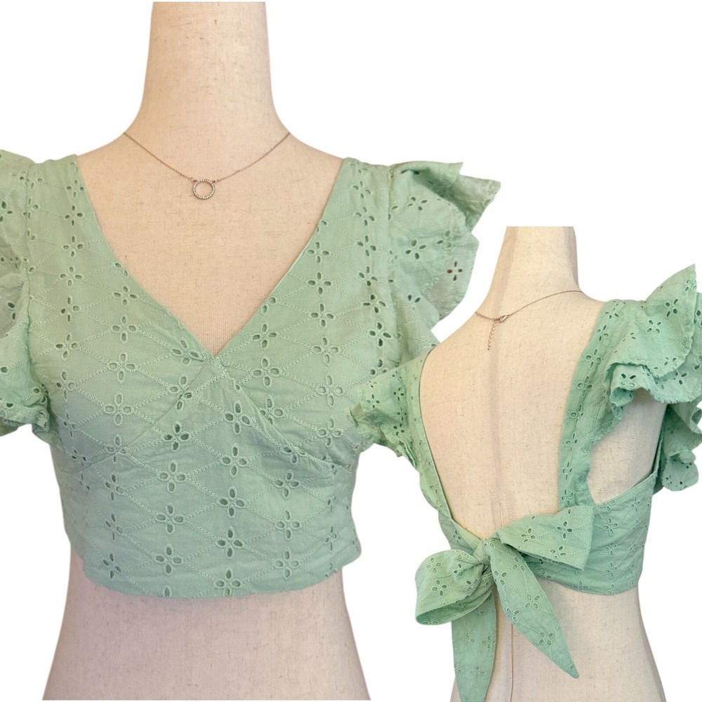 BCBGeneration Ruffle Sleeve Cotton Eyelet Crop Top Womens XS Mint Back Tie Y2K