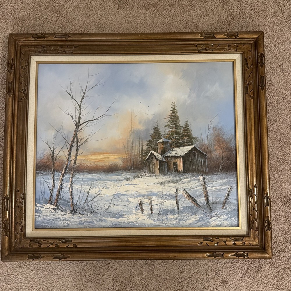 Large 31x27 Vintage Rosario Winter Landscape Oil Painting Impasto Barn Framed