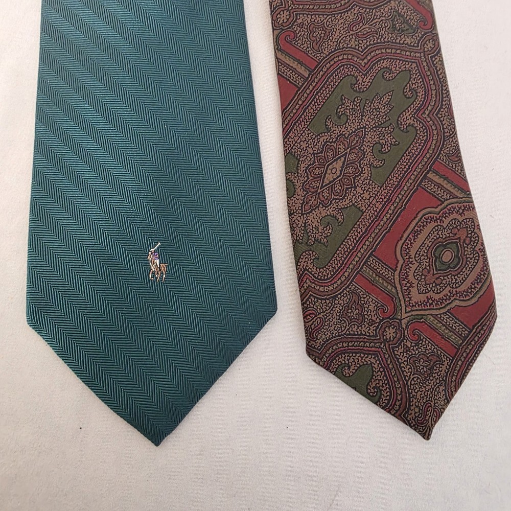 Lot 2 VTG Polo Ralph Lauren Silk Neck Tie Mens Hand Made Flesh Pony & Geometric