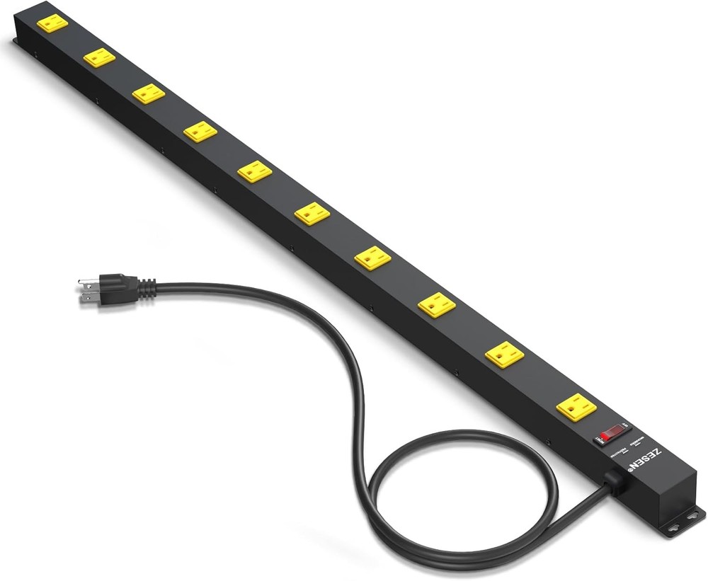 10 Outlet Metal Power Strip Heavy Duty Wide Spaced 4FT Cord Overload Switch ETL