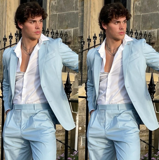 Sky Blue Mens Suit Peak Lapel Casual Wedding Groom Tuxedo 2-Piece Set