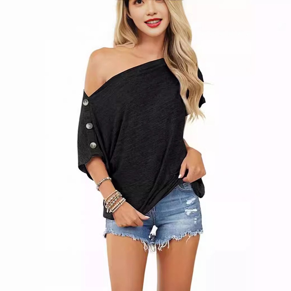Off Shoulder Button Detail Short Sleeve Tee for Women
