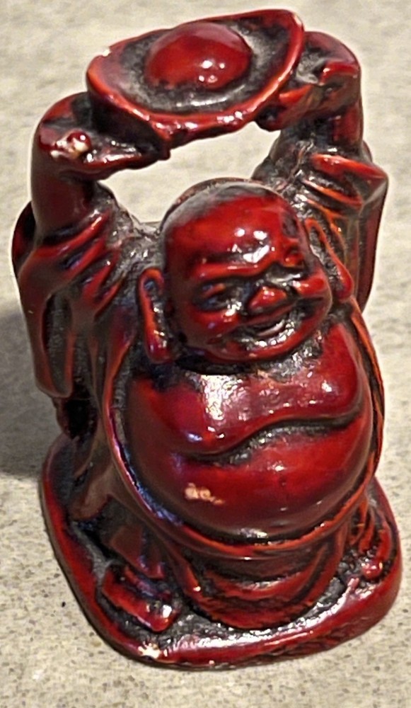 Vintage Red Laughing Buddha Hotei Figurine Faux Cinnabar Resin Asian 2”