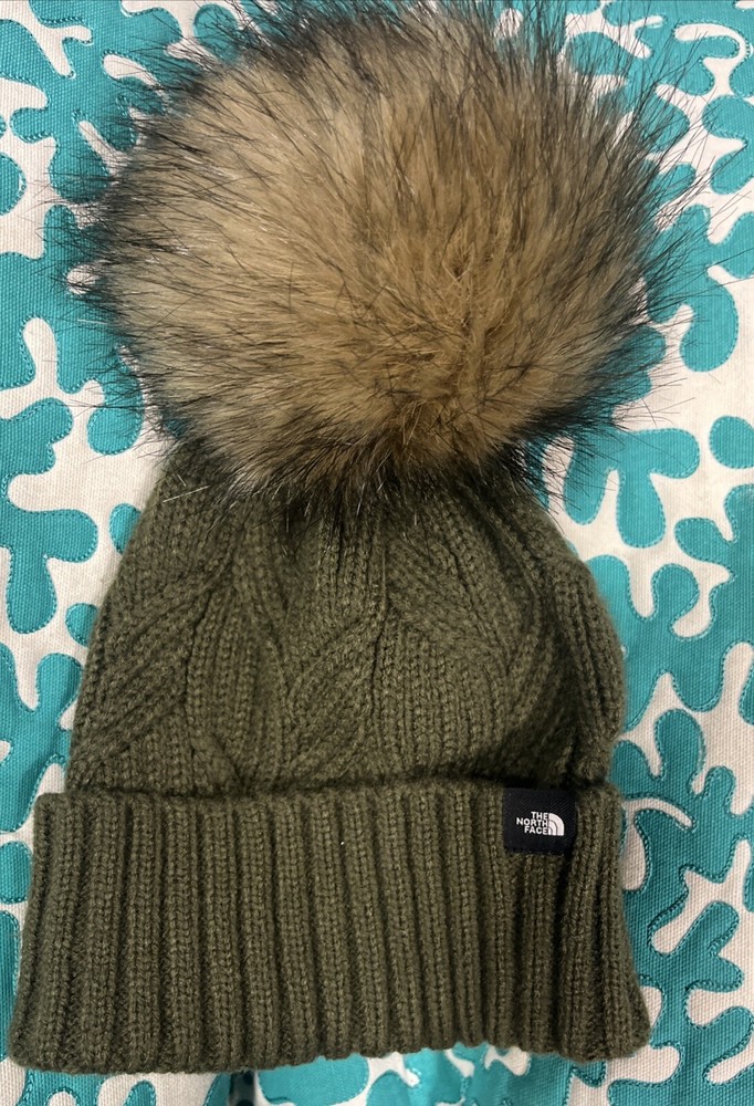 The North Face Oh Mega Fur Pom Beanie Taupe Green Knit Hat for Kids