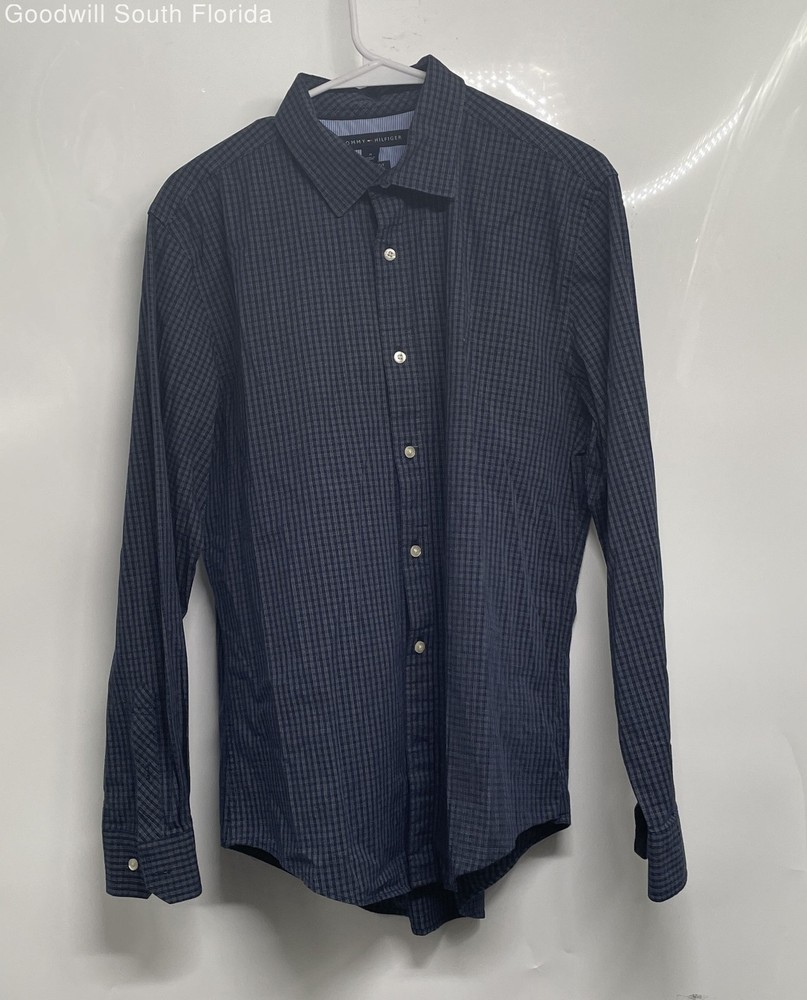 Tommy Hilfiger Mens Blue Check Custom Fit Long Sleeve Button-Up Shirt Size M