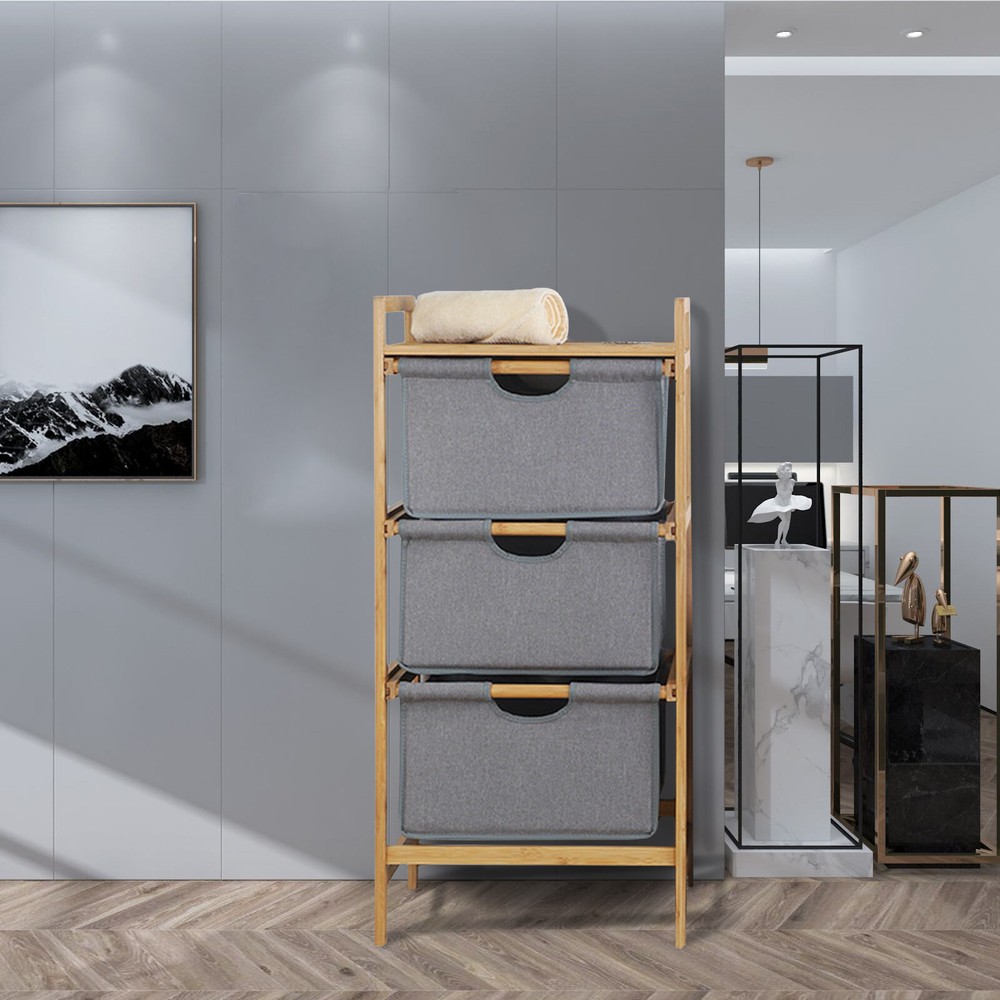 37.8 Inch Bamboo 3-Tier Storage Shelf Cabinet with Drawers Multipurpose