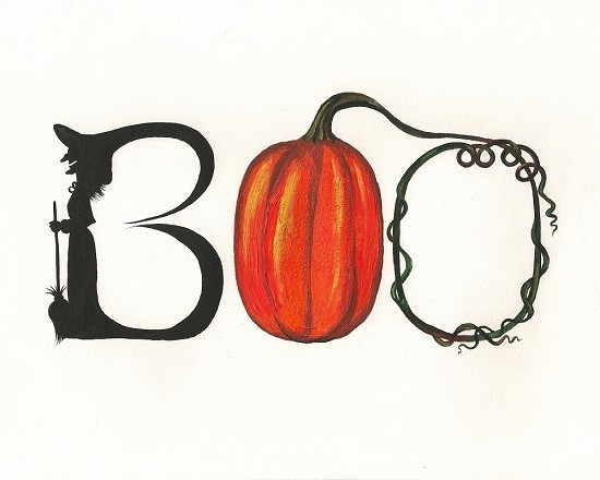 HALLOWEEN PRINT OF PAINTING PHRASE BOO RYTA 8x10 PUMPKIN FOLK ART Witch Patch 🎃