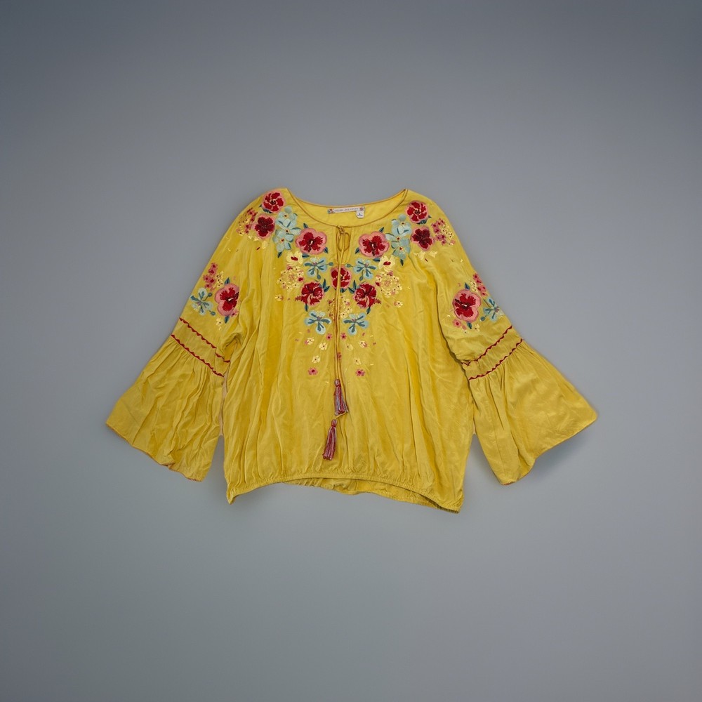 Chelsea & Violet Embroidered Peasant Blouse Yellow Floral Boho Womens LARGE #613