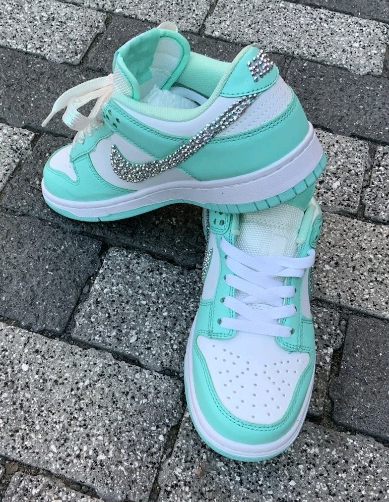 Nike Dunk Low Customized Bling Mint Green And White Size 6.5 Eur 37.5 New