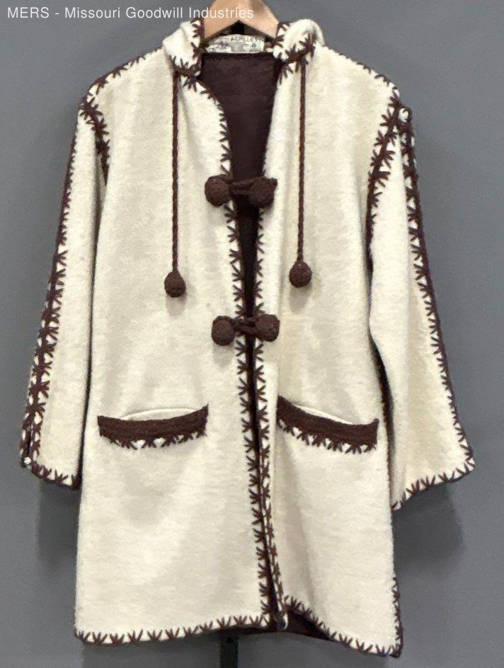 Vintage Achilles Wool Coat Women's S Beige Brown Embroidered Hooded Handmade-image