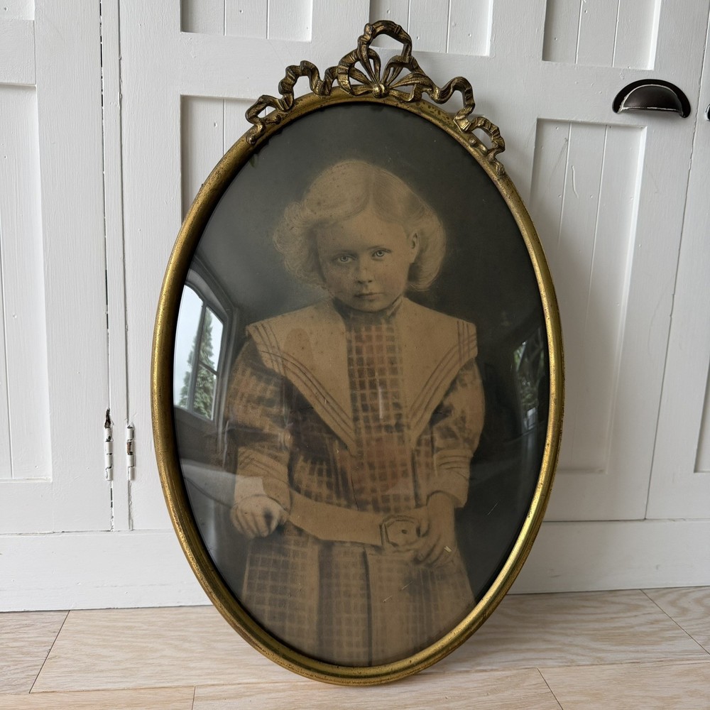 Antique Art Nouveau Brass Oval Convex Bubble Glass Picture Frame w/ Photo Child