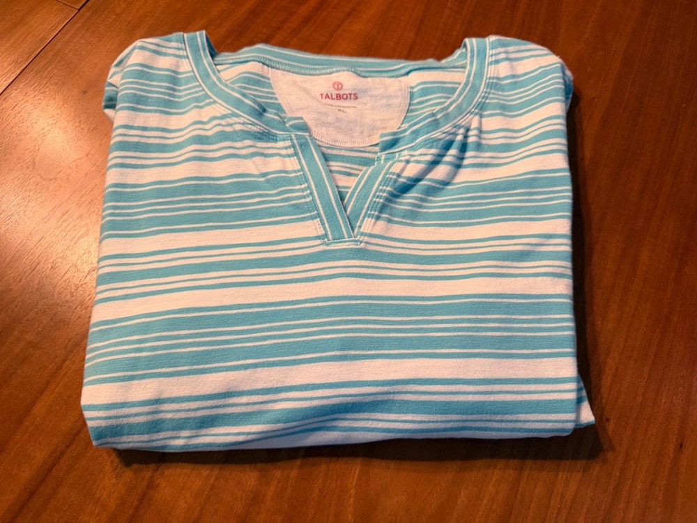 T by TALBOTS Womens XL Top T Shirt Blouse LS TURQUOISE BLUE White Striped NICE
