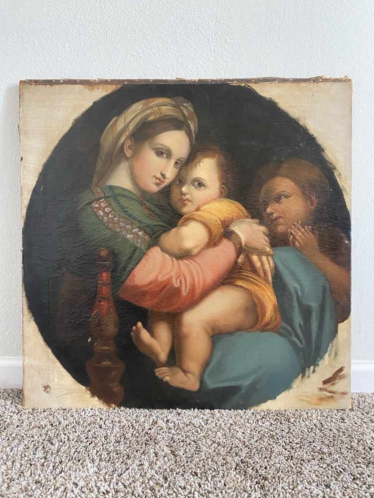 Madonna and Child Christ with St. John After Raphael Oil Painting Copy 19th c.