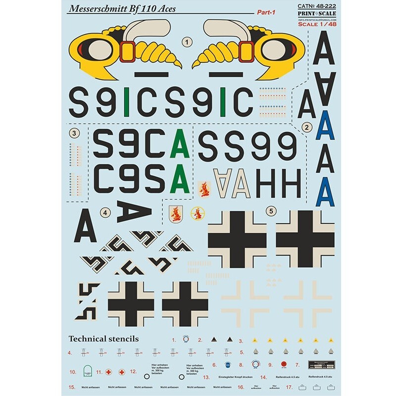 Print Scale 48-222 Decal for airplane 1:48 Messerschmitt Bf-110 Zerstorer Part 1