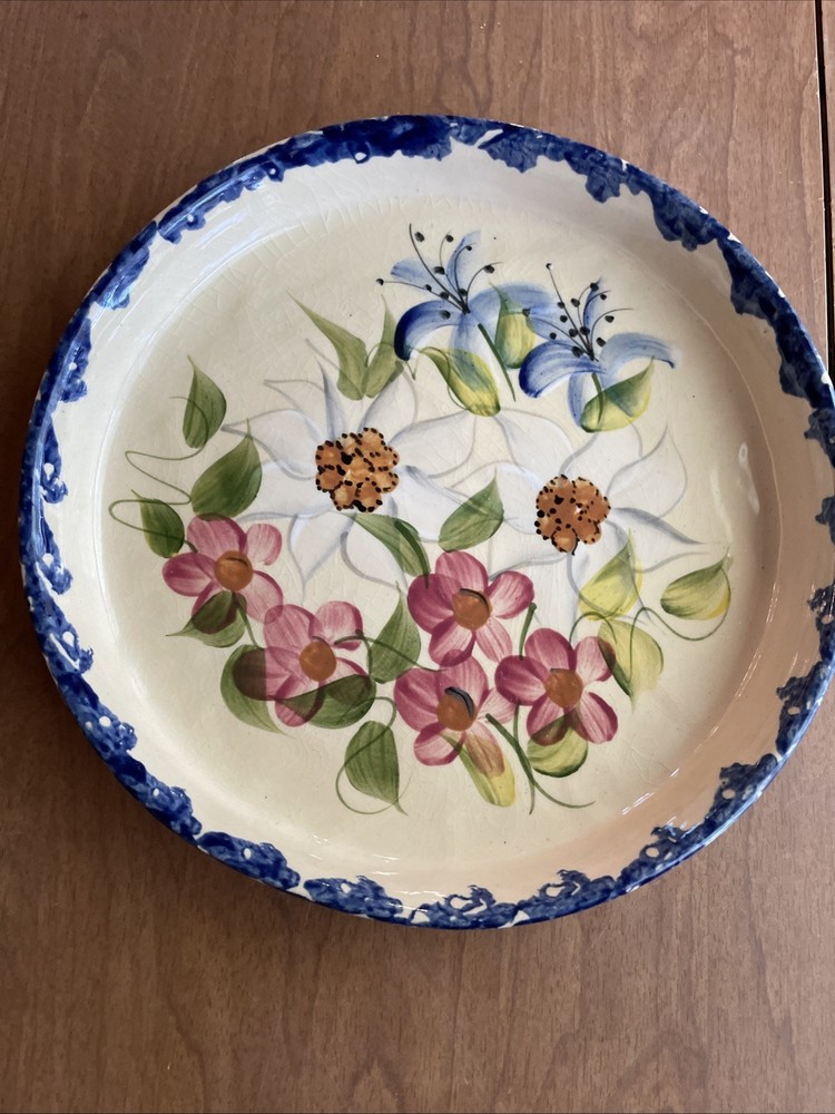 Vintage Alpine Pottery Roseville, Sponge Ware Dogwood floral Pie/tart Plate 9.5”