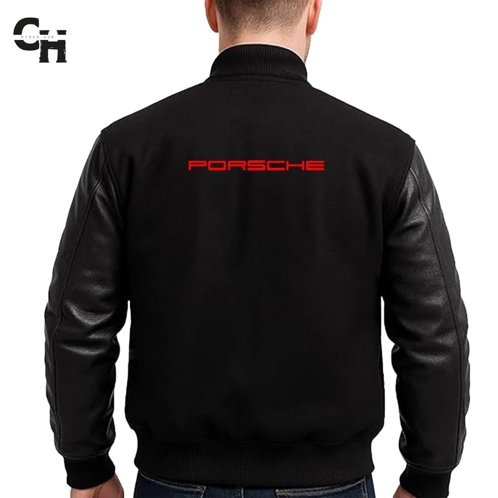 New Letterman Red 'Porsche' Letters Varsity Bomber Jacket – Black Leather & Wool
