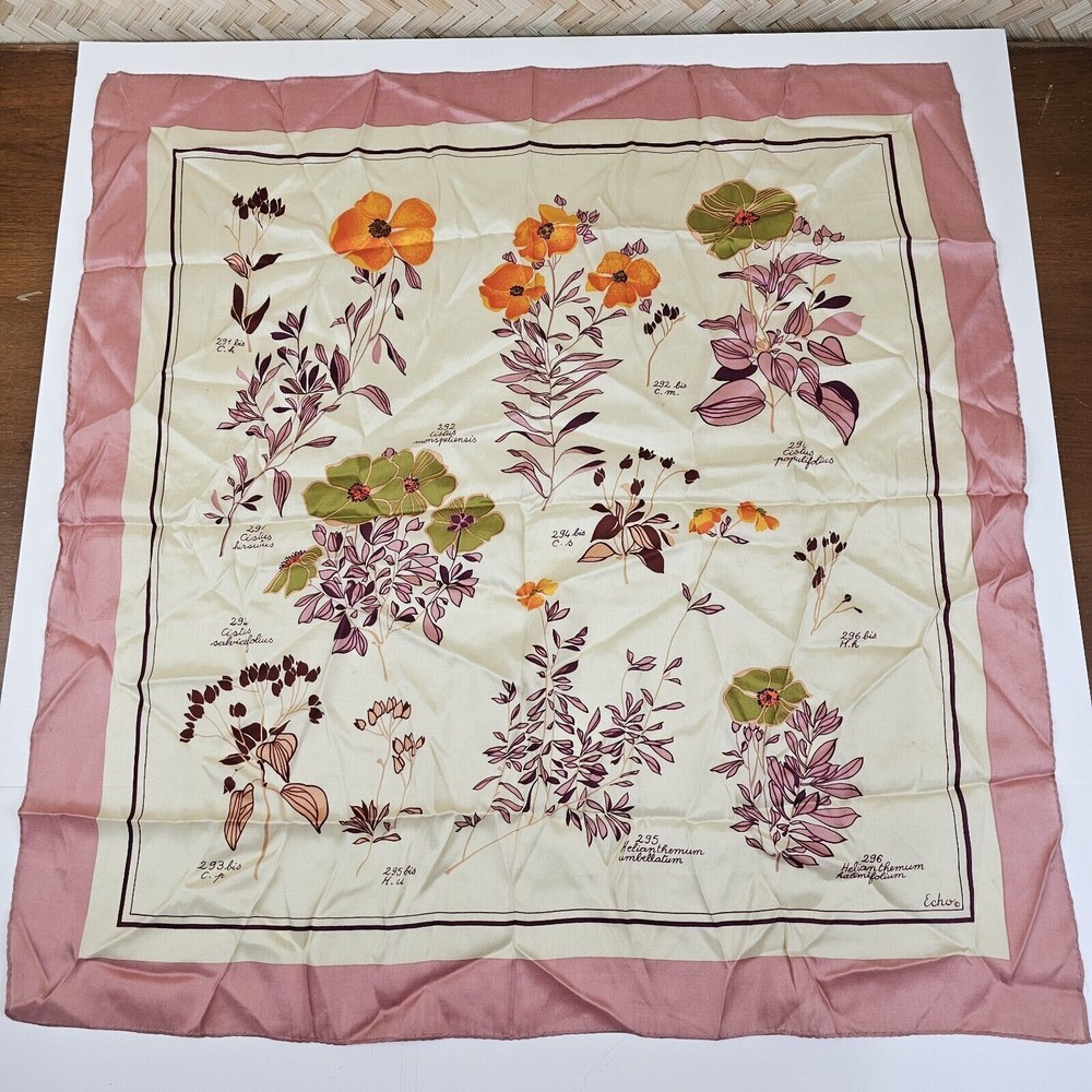 Vintage Echo Silk Scarf 27x26 MCM Botanical Flowers Mauve Orange Green Luxury
