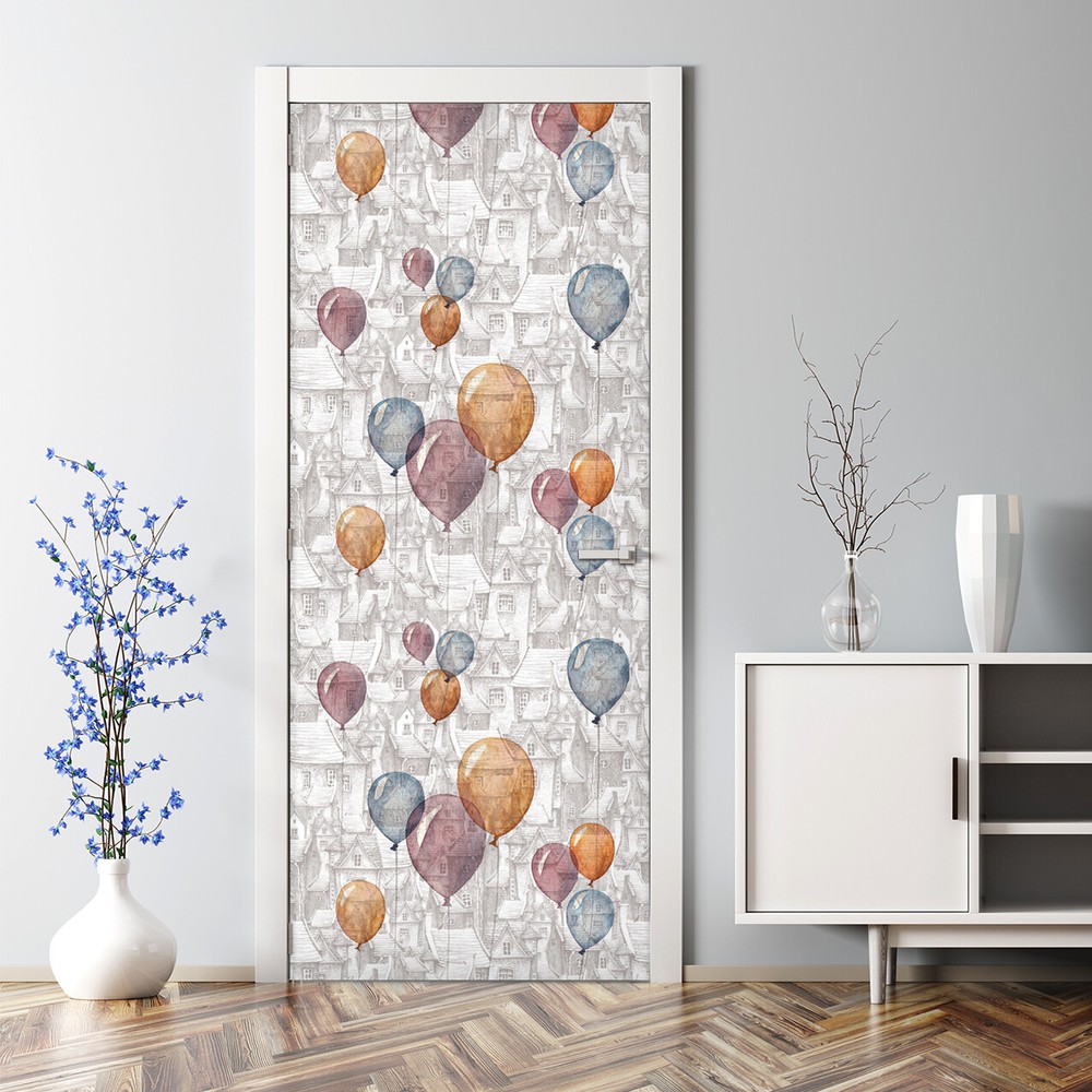 Colorful Sweet Balloons and Houses Bubble-Free Watercolor Door Sticker