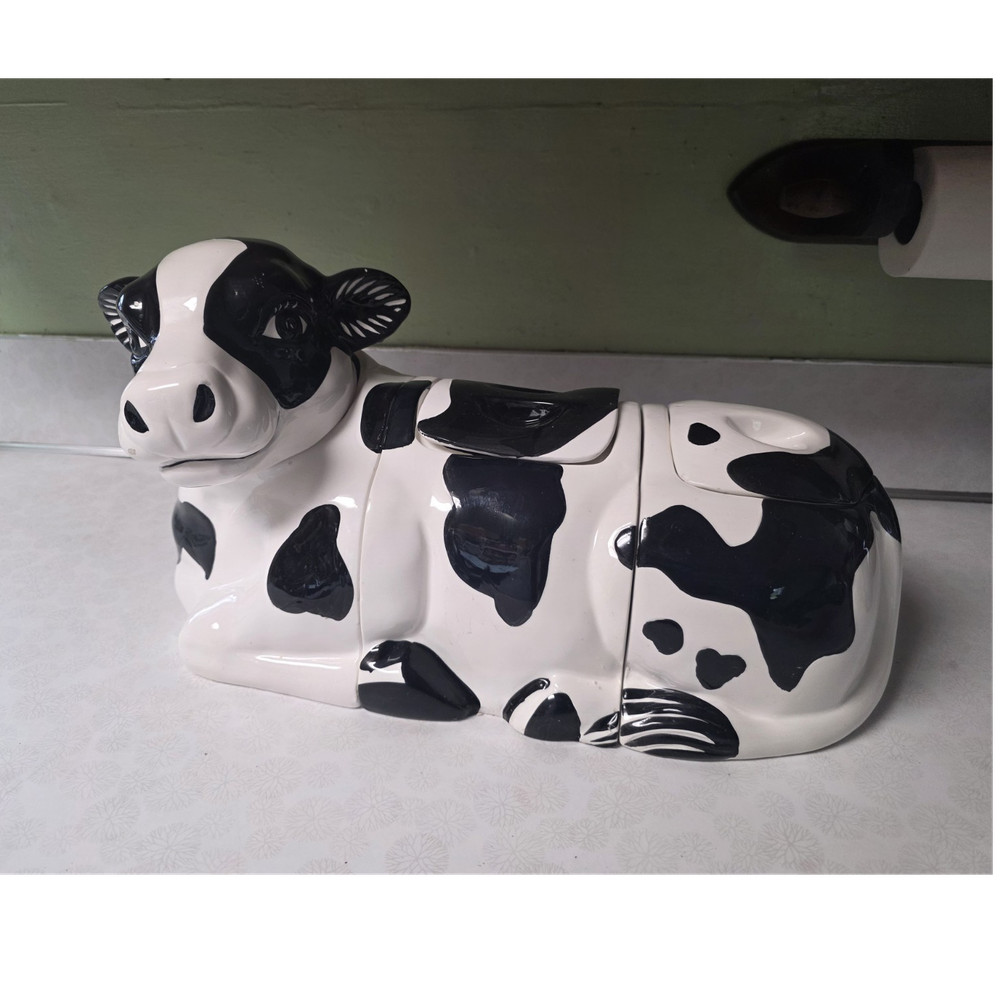 Cow Shaped Ceramic Cookie Jar Set Large Black White Animal Print w/ Lids, 3 Jars