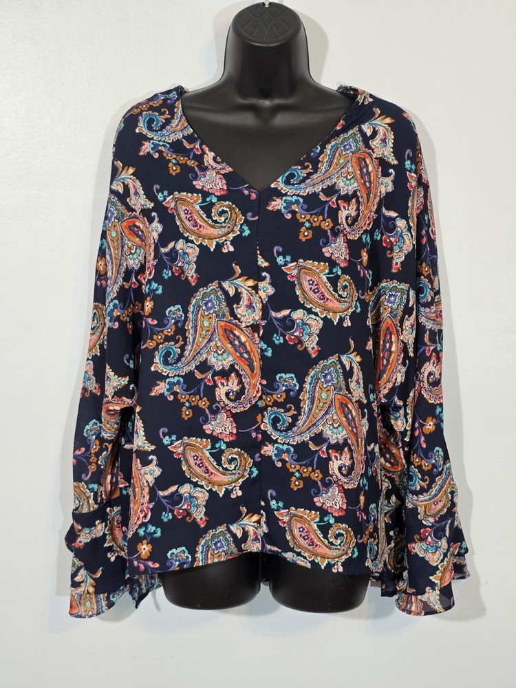 Curations Large Navy Paisley Blouse Bell Sleeves Boho Flowy Top V-Neck Tunic