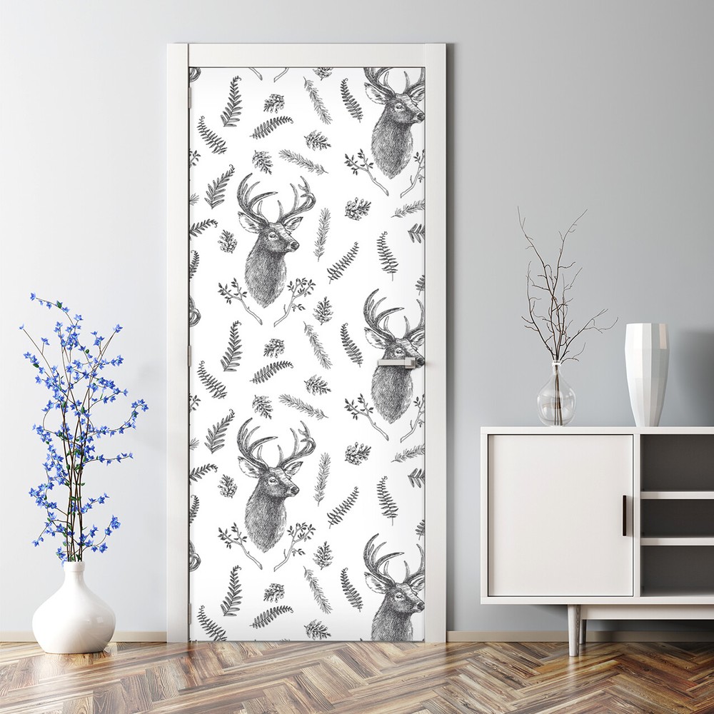 Deer with herbs Bubble Free Door sticker black and white Home Decor
