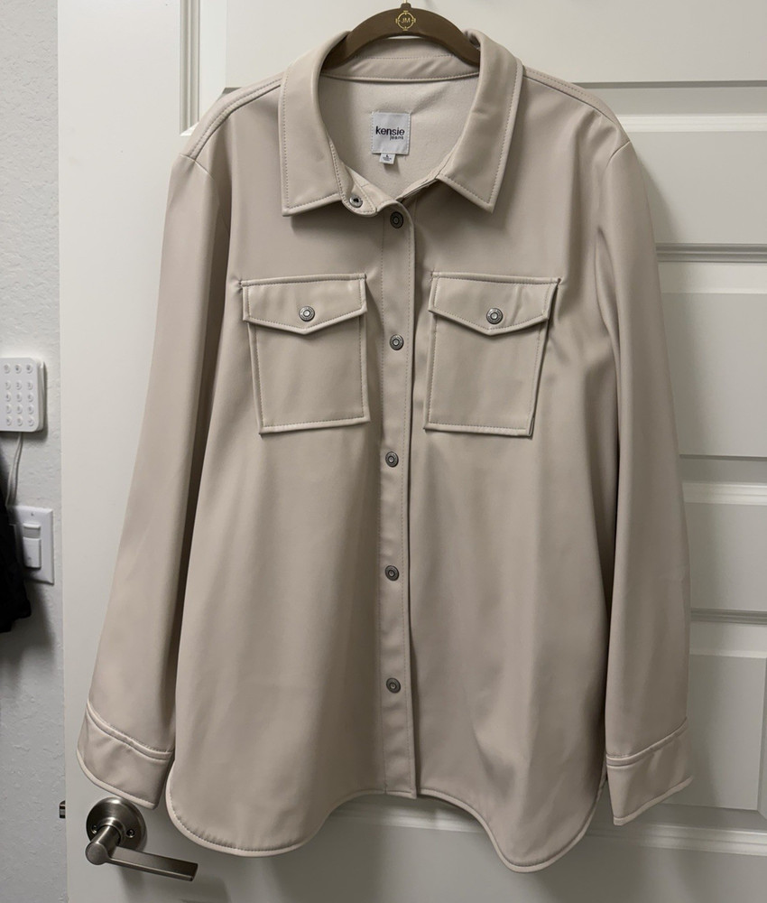 kensie jeans Beige Faux Leather Button-Up Collared Shirt Pockets Women's L