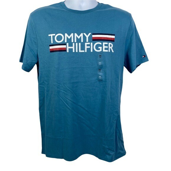Tommy Hilfiger Fall '21 Graphic Stripe T-Shirt Men's Medium Blue Sleeve Flag NEW