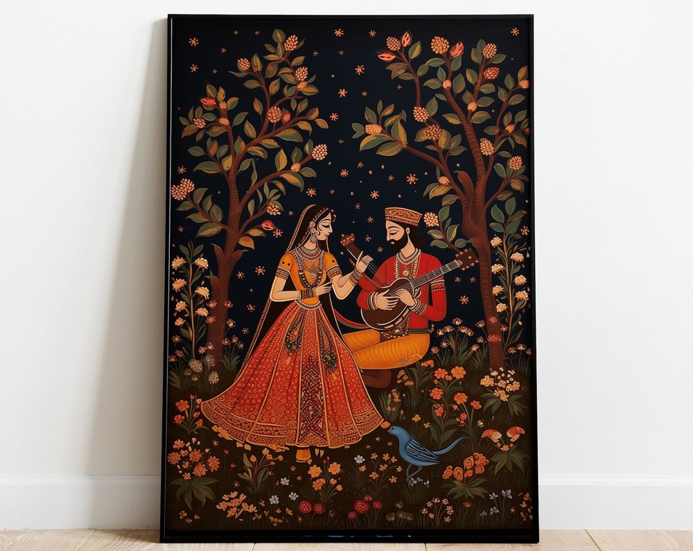 Indian Romantic Folk Painting Royal King Queen Art Raja Rani Indian Art Living