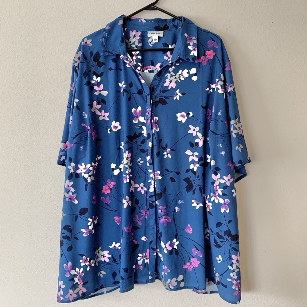Catherine’s Women’s Button Up Short Sleeve Blue Floral Top 4X Blouse