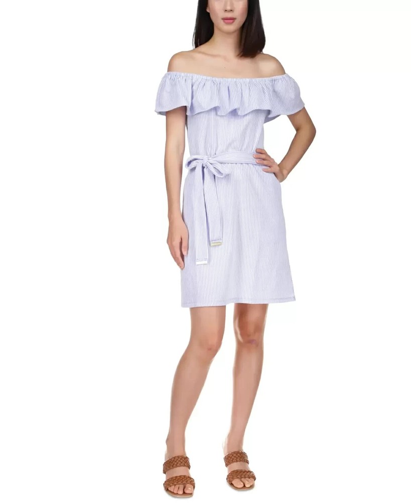 MICHAEL KORS Women's Ruffled Off-The-Shoulder Mini Dress Blue Size L MSRP $140